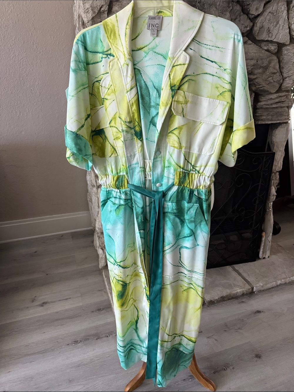 INC International Concepts Green & Yellow Marble Print Jumpsuit